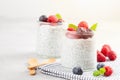 Chia pudding with fresh berries and almond milk. Superfood concept. Vegan, vegetarian and healthy eating diet Royalty Free Stock Photo