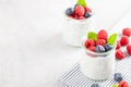 Chia pudding with fresh berries and almond milk. Superfood concept. Vegan, vegetarian and healthy eating diet Royalty Free Stock Photo