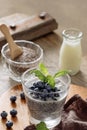 Chia pudding with fresh berries and almond milk. Superfood concept. Vegan, vegetarian and healthy eating diet with organic Royalty Free Stock Photo