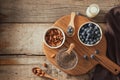 Chia pudding with fresh berries and almond milk. Superfood concept. Vegan, vegetarian and healthy eating diet with organic Royalty Free Stock Photo