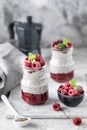 Chia pudding with fresh berries in glass jar. Concept of healthy eating, healthy lifestyle, dieting, fitness menu. Copy space Royalty Free Stock Photo