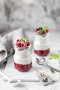 Chia pudding with fresh berries in glass jar. Concept of healthy eating, healthy lifestyle, dieting, fitness menu. Copy space Royalty Free Stock Photo