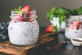 Chia pudding with fresh berries in glass jar. Toned image Royalty Free Stock Photo