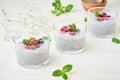 Chia pudding with fresh berries raspberries, blueberries. Three glass, light wooden background, side view, diagonal, flowers