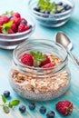 Chia pudding with muesli, raspberries, blueberries Royalty Free Stock Photo