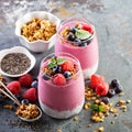 Chia pudding parfait with berry smoothie