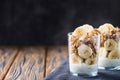 Chia pudding parfait, layered yogurt with banana, granola. Copy space Royalty Free Stock Photo