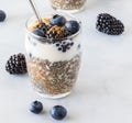 Chia pudding parfait topped with blueberries, blackberries and cinnamon ready for eating.