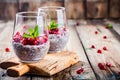Chia pudding with pomegranate seeds and mint Royalty Free Stock Photo