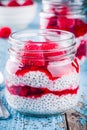 Chia pudding with raspberry sauce and fresh raspberries Royalty Free Stock Photo