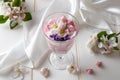 Chia pudding with red currants and apple blossoms Royalty Free Stock Photo