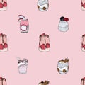 Chia pudding seamless pattern on pink background. Chia seeds pudding, strawberry, chocolate, berries.