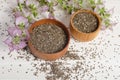 Chia seed healthy super food with flower over white Royalty Free Stock Photo