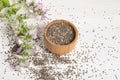 Chia seed healthy super food with flower over white Royalty Free Stock Photo