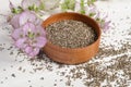 Chia seed healthy super food with flower over white Royalty Free Stock Photo