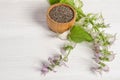 Chia seed healthy super food with flower over white Royalty Free Stock Photo