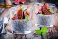 Chia seed pudding with baked figs, honey and mint Royalty Free Stock Photo