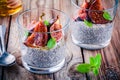 Chia seed pudding with baked figs, honey and mint Royalty Free Stock Photo