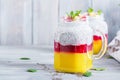 Chia seed pudding in jar with mango. Healthy breakfast. Royalty Free Stock Photo