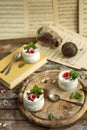 Chia seed pudding with raspberries chocolate and mint in jars. Close up Royalty Free Stock Photo