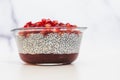 Chia seed pudding with raspberry jam and pomegranate seeds in glass bowl close up Royalty Free Stock Photo