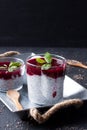 Chia seed pudding with raspberry sauce on a black background