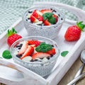 Chia seed pudding with strawberries, almond and chocolate cookie crumbs, square format Royalty Free Stock Photo