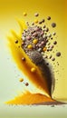 Chia Seeds Creatively Falling-Dripping Flying or Splashing On Light Yellow Background AI Generative Royalty Free Stock Photo