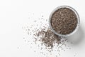 Chia seeds in a cup beautifully laid out on a white background. Top view. copy space.. Vegetarian food Royalty Free Stock Photo