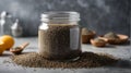 Chia seeds in a glass jar on a concrete background. Clean eating, vegan, balanced