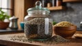 chia seeds health a glass jar in the kitchen