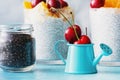 Chia Seeds Jar and Blue Watering Can with Cherry