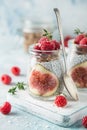 Chia seeds pudding with figs, raspberry and granola Royalty Free Stock Photo