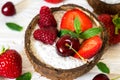 Chia seeds pudding made of greek yogurt, berries and mint in coconut bowl over white wooden table. healthy breakfast Royalty Free Stock Photo