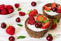 Chia seeds pudding made of greek yogurt, berries and mint in coconut bowls over white wooden table. healthy breakfast Royalty Free Stock Photo