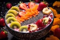 Chia seeds smoothie bowl with fresh fruits and berries, balanced diet nutrient-rich, close-up photography. Generative AI