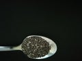 Chia seeds with a spoon on a black background.Copy space