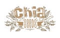 Chia seeds superfood logo vector template with handwritten lettering composition and ribbon in doodle style for package