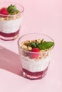 Chia seeds vanilla pudding with raspberry, oats musli and mint on rose hard shadow