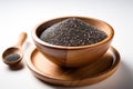 Chia seeds in a wooden bowl and spoon on white background. Generative AI Royalty Free Stock Photo