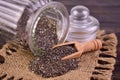 Chia seeds on a wooden spoon on a white background, close up