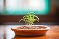 chia sprouts growing on a terracotta dish shaped like a leaf