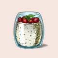 Chia and strawberry pudding in a glass. Sweet dessert in vintage style. Engraved hand drawn in old sketch.