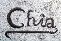 Chia word composed from little black chia seeds.