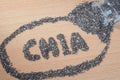 Chia word made from pouring chia seeds on wooden plate Royalty Free Stock Photo