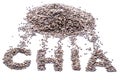 Chia word made up of chia seeds isolated on white background