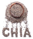 Chia word made up of chia seeds isolated on white background. Top view