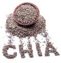 Chia word made up of chia seeds isolated on white background. Top view