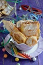 Chiacchiere, carnival fried pastries. Close up.