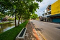 CHIANG MAI, THAILAND - April 26, 2020 : Chaeng Si Phum ancient wall with city street of Chiang Mai province